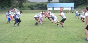 Former Pickens High School football players practice recently at Bruce Field for their upcoming alumni game against the Transylvania County alumni.