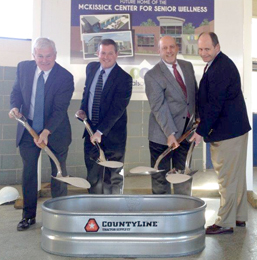 Courtesy Photo From left, Pickens County Meals on Wheels board members Drake Curry and Les Hendricks, are pictured with Pickens County Council member Neil Smith and Appalachian Council on Aging executive director Steve Pelissier taking part in Friday’s groundbreaking ceremony for the McKissick Center for Senior Wellness in Liberty.