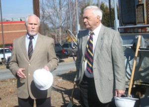 Ben Robinson/Courier Pickens mayor David Owens, left, and Easley mayor Larry Bagwell speak at last week’s groundbreaking ceremony for the Doodle Trail in Pickens.