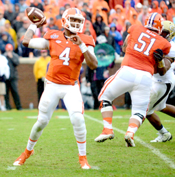 Kerry Gilstrap/Courier Clemson quarterback Deshaun Watson drops back to pass during the Tigers’ win over Georgia Tech on Saturday at Memorial Stadium.