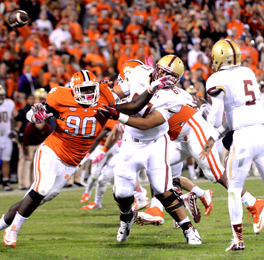 Kerry Gilstrap/Courier Former Daniel High School star Shaq Lawson fights to get to the Boston College quarterback during Clemson’s win over the Eagles Saturday at Memorial Stadium.