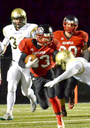 Brandy Karr/Photo Liberty quarterback Austin Hughey breaks away for a long run against Pendleton on Friday night.