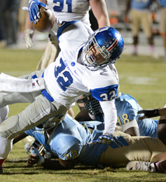 Tommy McGaha/seeyourphotohere.com Pickens’ Adam Thomas fights for yardage during the Blue Flame’s heartbreaking 28-24 loss to Daniel on Friday night.