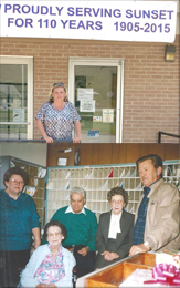 Left: Clerk Melissa Link is helping honor the Sunset post office’s 110th anniversary this year. Below: Pictured at longtime Sunset post office driver Cleo Chapman in 1991 are, from left, then-postmaster Edna Winchester Barton, former postmaster Essie Barton, driver Sonley Grant, Chapman and Chapman’s son, Eugene, who took over for her when she retired. Courtesy photos