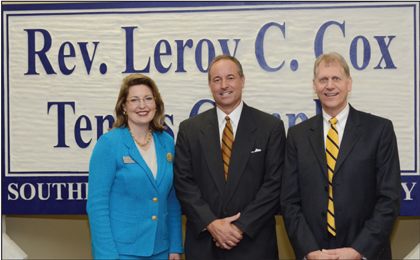 Southern Wesleyan University dedicated the Rev. Leroy C. Cox Tennis Complex Oct. 28 on its campus in Central. Pictured from left are Dr. Lisa McWherter, SWU’s vice president for advancement; Dr. Thomas Cox, Leroy’s son; and Dr. Todd Voss, SWU president. 