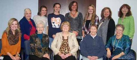 The Friends of the Sarlin Library executive board and teen board recently hosted a special event featuring Pickens County Courier graphic artist Emily Wright. Pictured are Lynn Baker, Richey Baker, Katie Dorr, Wright, Cassie Dorr, Tracy Morgan, Lisa Carpenter, Kasey Swords, Jean Thomas, Kathlyn Albertson, Mel Avery and Carole Andrews.